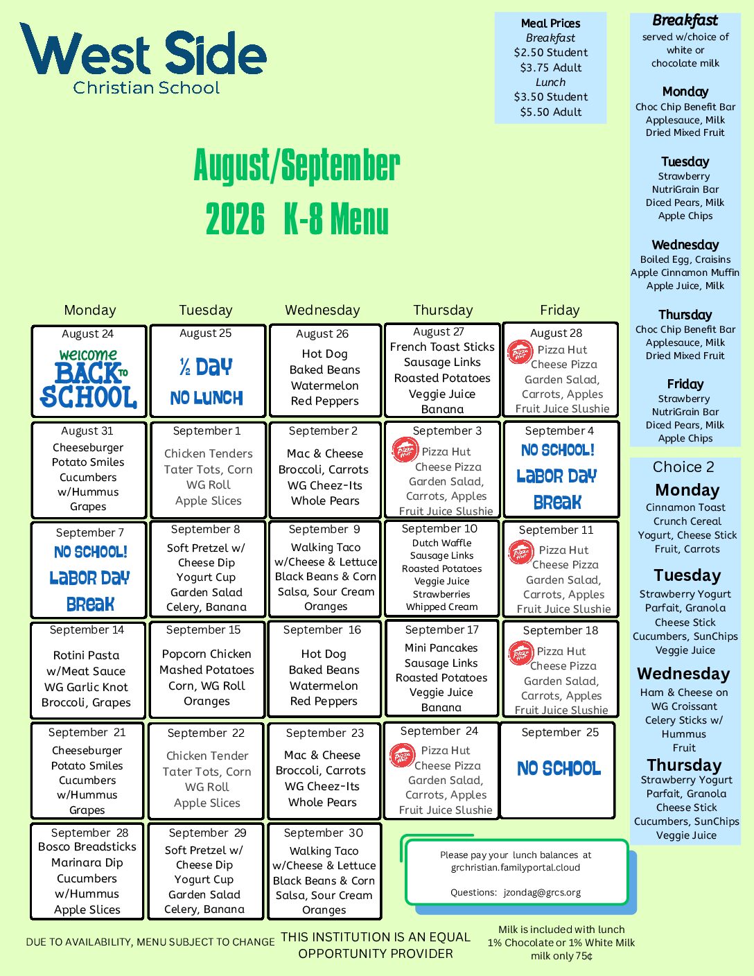 WSCS K-8 August and September 2026 hot lunch calendar