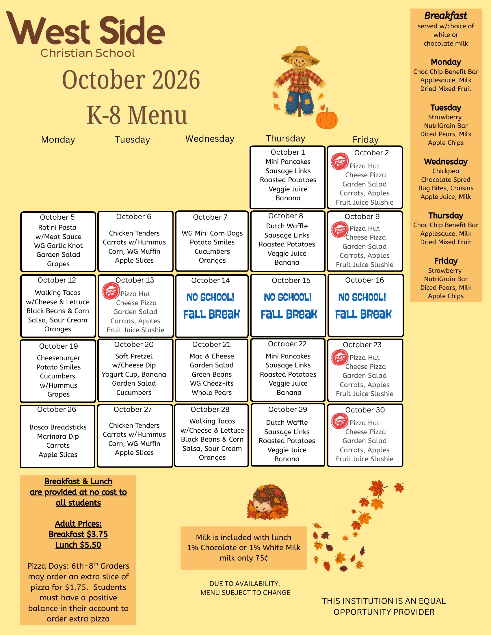 WSCS K-8 August and September 2026 hot lunch calendar